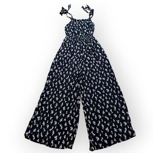 Mi Ami Navy White Floral Print Wide Leg Jumpsuit Tie Shoulder Smocked Top Small